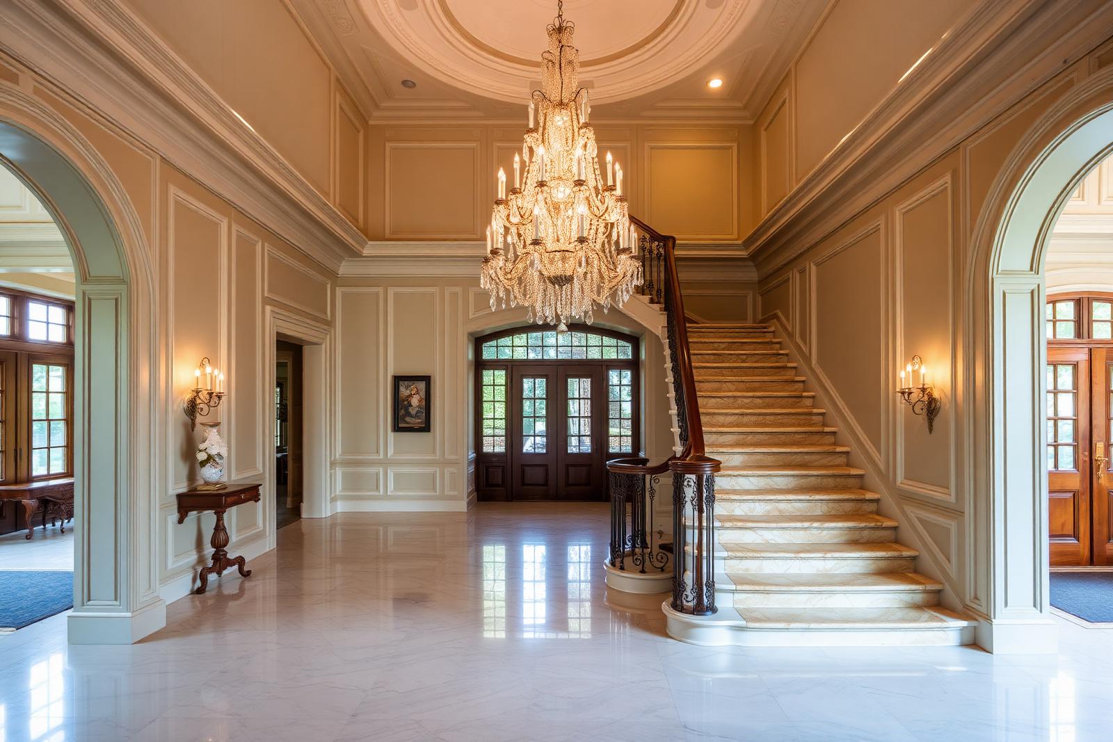 Grand entrance hall with chandelier in a UK property