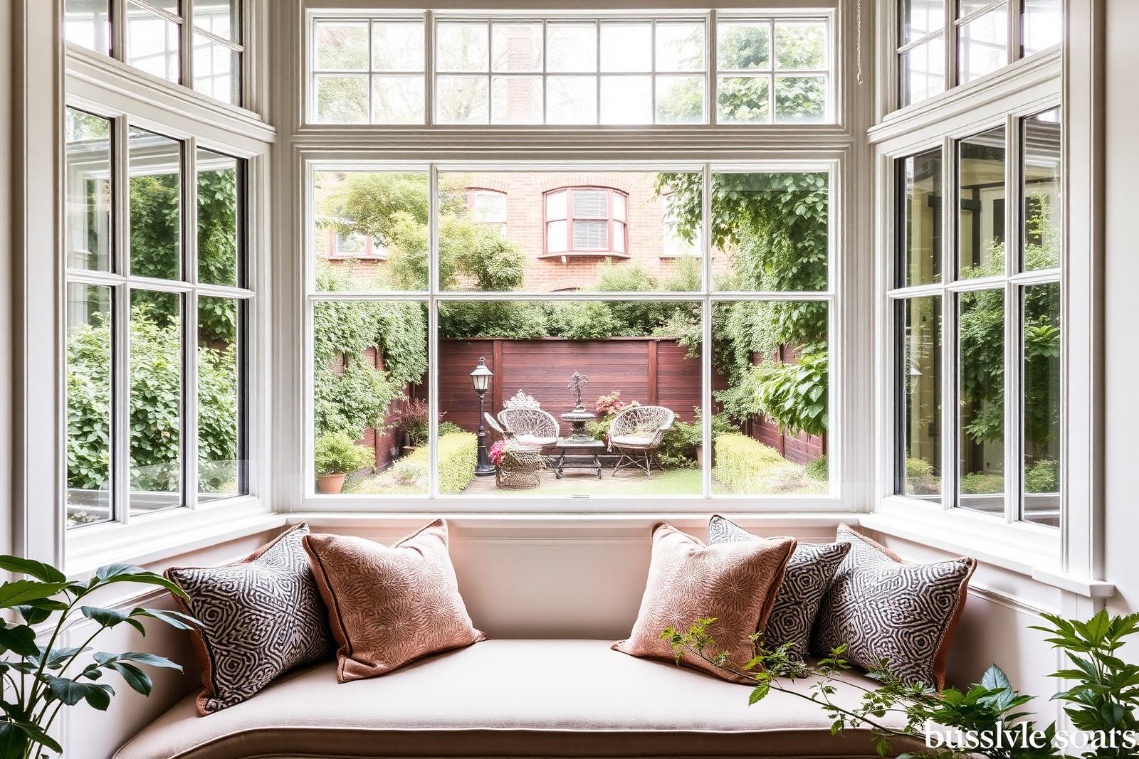 Bay window overlooking a manicured English garden